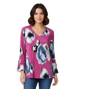 Chico's Mauve Pink Floral Pleated Long Sleeve Blouse